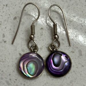 Vintage Alpaca Mexico Abalone Earrings Purple Disc
